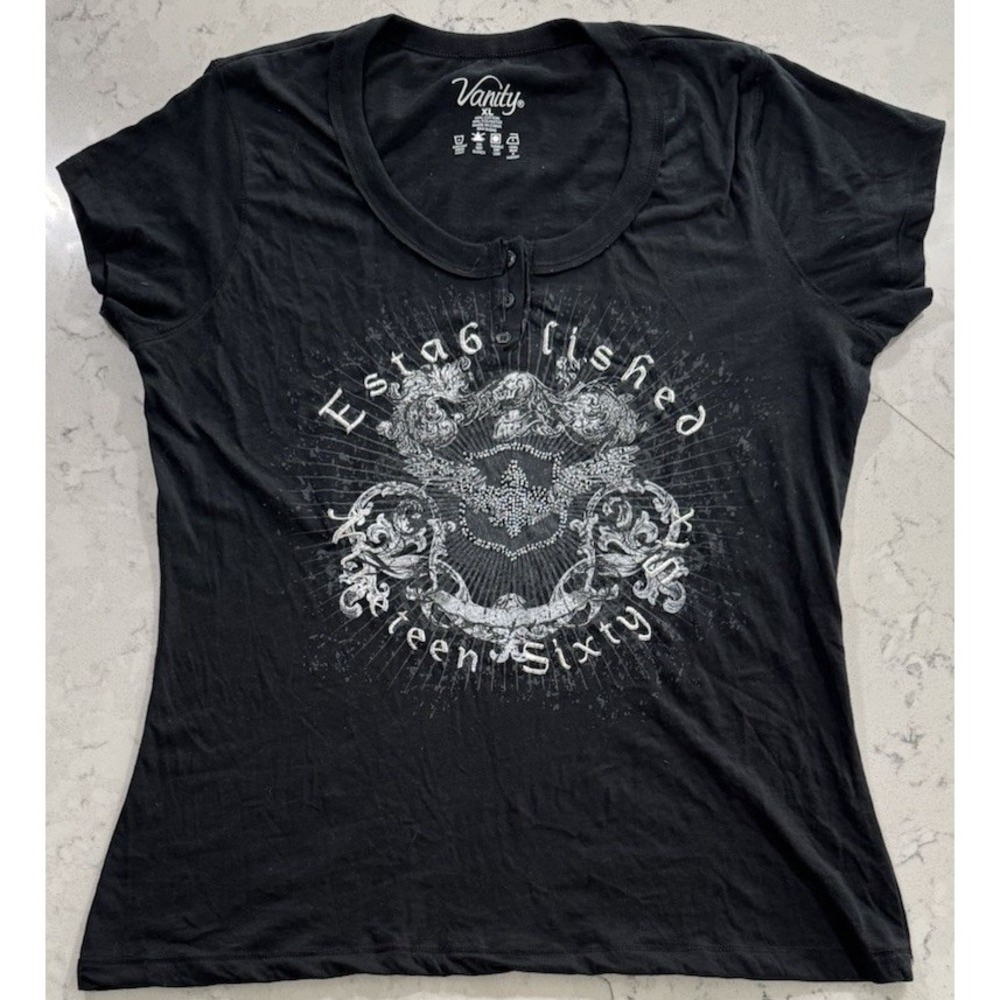 VTG Y2K Vanity Graphic T-Shirt Womens XL Black Henley Crest Established 1960 Tee